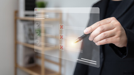 Businessman using pen tick or check mark concept, verification account, paperless workplace, online document management, electronic document, cyber security, contract, satisfaction, virtual screen.