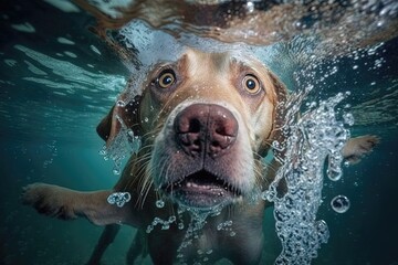 A dog swimming in water, likely in a natural setting such as a lake or a river. Generative AI