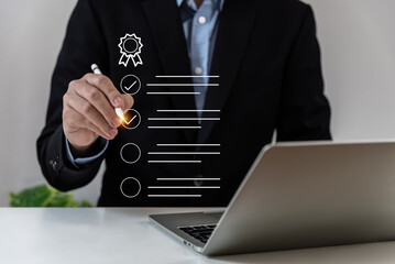 Businessman using pen tick or check mark concept, verification account, paperless workplace, online document management, electronic document, cyber security, contract, satisfaction, virtual screen.