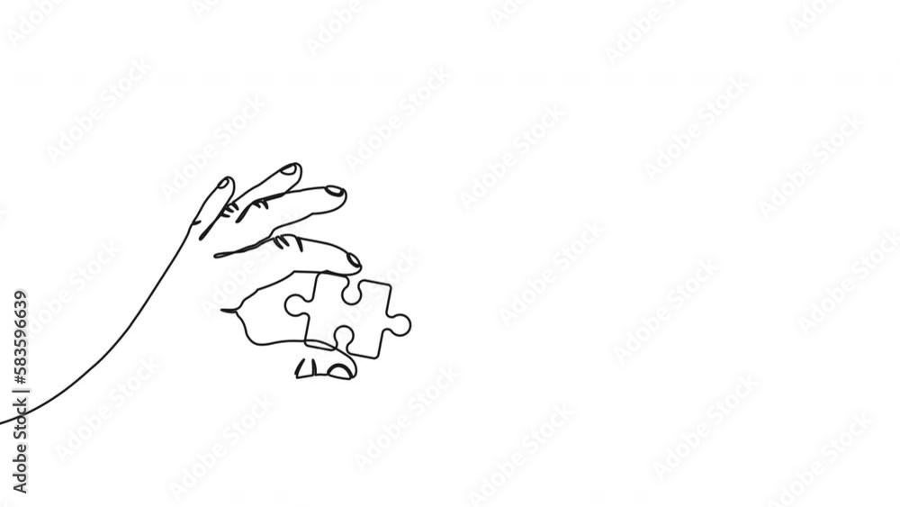 Poster two hands holding jigsaw puzzle pieces to put them together, drawing with one continuous line. one l