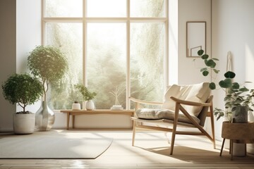 Fototapeta na wymiar White living room with a chair and a view of a green scene. Scandinavian style in decorating. Generative AI