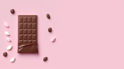 Chocolate bar on a pink background, sweets, top view. AI-generated image.