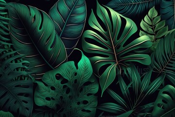 A collection of tropical leaves, creating a visually stunning and vibrant image. Generative AI