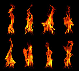 Include burning flame fire isolated on dark background for graphic design purposes.