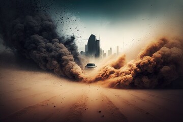 A car driving on a dirt road, with a large cloud of dust trailing behind it, creates a visually dynamic. AI.