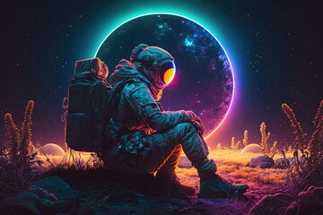 A neon-colored astronaut seated on the surface of the moon, with the stars and planets visible in the background, creates a visually stunning. AI.