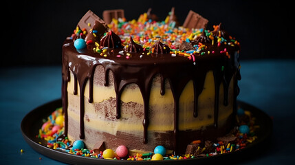 Fototapeta na wymiar birthday chocolate Drip Cake with colorful sprinkles