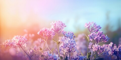Fototapeta premium Beautiful spring flowers against a blurry blue sky, magical mood, nature outdoors on a beautiful spring morning. Spring.