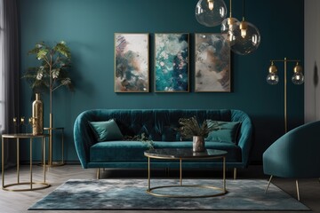 Living room with green accents, blue sofa furniture, traditional wall design, carpet, plant vase, and coffee table. Generative AI