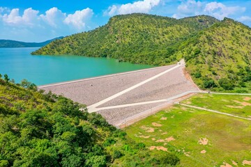 Aerial view of blue dam water