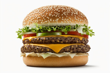 Classic cheeseburger with beef patty, pickles, cheese, tomato, onion, lettuce, and ketchup mustard isolated on background