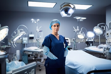 wide-angle view of a cheerful female surgeon in a spotless surgical suite. Generative AI