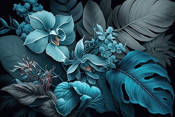 Blue tropical leaves with a vibrant hue, adding a pop of color and an exotic feel to any setting. Generative AI