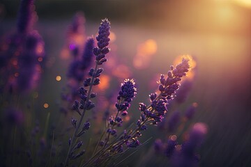 A field filled with rows of lavender plants in full bloom, with their fragrant purple flowers swaying gently in the breeze, AI.