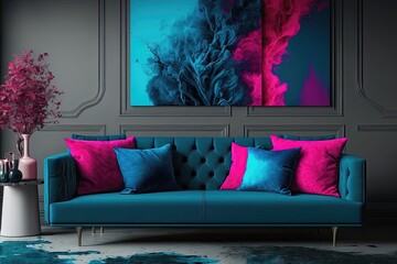 The interior with a blue sofa as the centerpiece. A beautiful painting in shades of pink and white complements the sofa. Generative AI