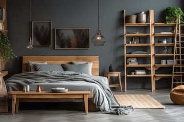 comfortable grey bedroom with wood furnishings and a ladder shelf. Generative AI