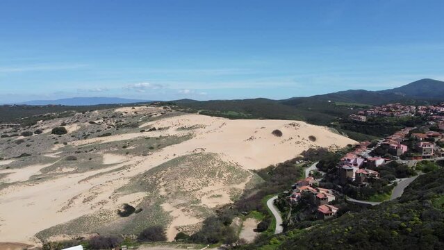 Aerial view of the dunes and the beach of Torre dei Corsari in southern Sardinia
