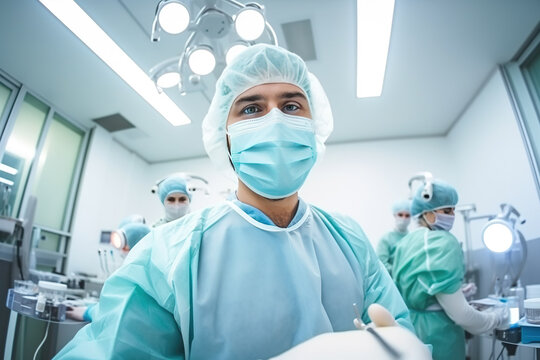 wide-angle view of a cheerful surgeon in a spotless surgical suite. Generative AI