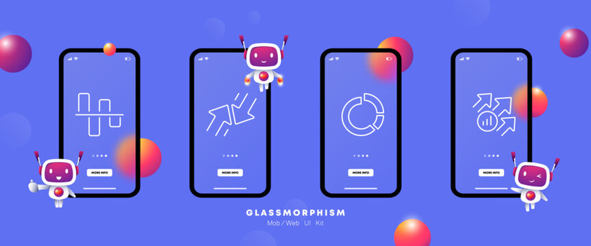 Chart set icon. Digram, arrows, pillars, data analysis, analytics, pie chart, income, career growth. Infographics concept. Glassmorphism. UI phone app screen with robot. Vector line icon for Business