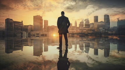 The double exposure image of the business man standing in front of technology city (ai generated)