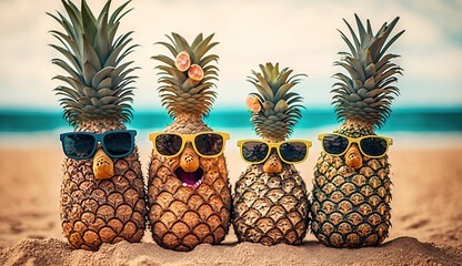 Family of funny attractive pineapples in stylish sunglasses on the sand against turquoise sea. Tropical summer vacation concept. Happy sunny day on the beach of tropical island, Generative Ai