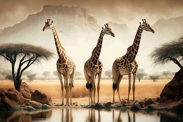 Majestic giraffes gathered around a watering hole, standing gracefully as they drink from the water. Generative AI - obrazy, fototapety, plakaty