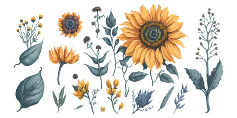 Foto op Plexiglas anti-reflex Realistic Botanicals. Detailed Illustrations of Sunflower Stems and Leaves © valenia