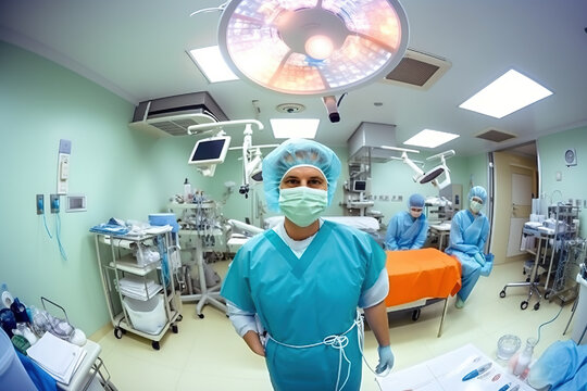 wide-angle view of a cheerful surgeon in a spotless surgical suite. Generative AI