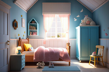 Girl's room. Child's room. Child bedroom. Kids toys. Real estate. Renovation company. Home staging. Daylight. Blue and pink walls