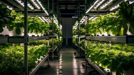 Innovative vertical farm with LED grow lights, showcasing sustainable agriculture and urban farming revolution. Advanced hydroponics and automated systems ensure energy efficiency. Generative AI