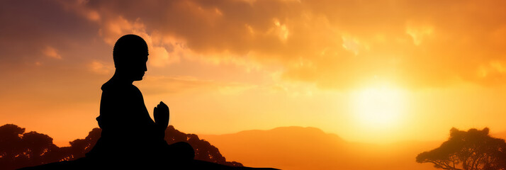 Buddhist theme, golden sunset background with a silhouette of the Buddha - Generative AI