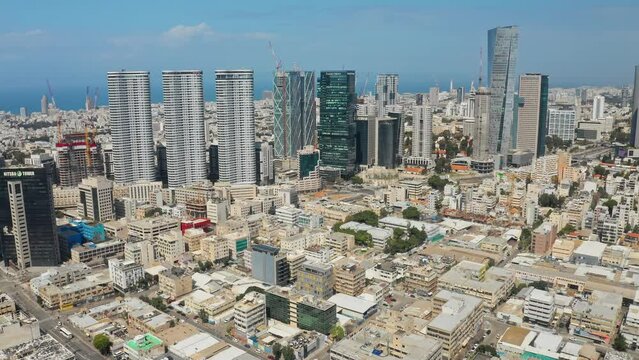 Tel Aviv skyline aerial drone view business city center 4k, Israel 