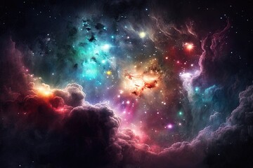 Fototapeta premium Two galaxies floating in the starry expanse of space, depicted in vivid and brilliant colors. Generative AI