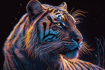 A close-up of a majestic and fierce tiger, with neon lighting that adds a modern and edgy twist. Generative AI