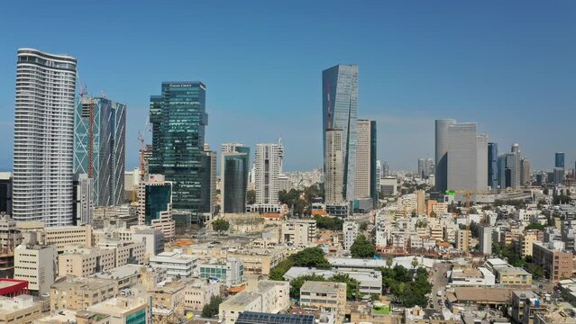 Tel Aviv skyline aerial drone view business city center 4k, Israel 