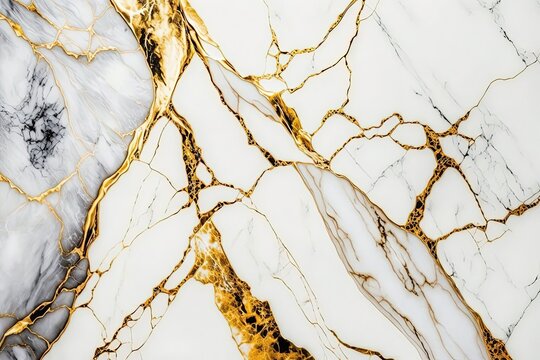 A luxurious white and gold marble background with intricate patterns and veins, conveying an air of opulence and refinement. Generative AI