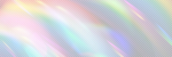 Rainbow light prism effect, transparent background. Hologram reflection, crystal flare leak shadow overlay. Vector illustration of abstract blurred iridescent light backdrop.