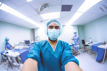 Fototapeta na wymiar wide-angle view of a cheerful surgeon in a spotless surgical suite. Generative AI