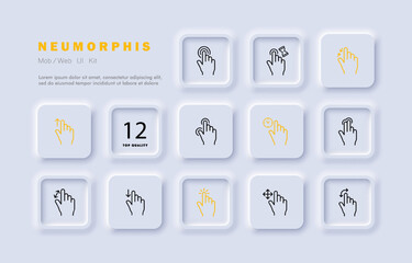 Touch set icon. Hand, waiting, arrows, click, index finger, page flip, scrolling, press, touchpad, sensor. Sliding concept. Neomorphism style. Vector line icon for Business and Advertising