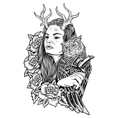 Fototapeta premium sketch design of woman holding tattoo machine with owl and rose flower