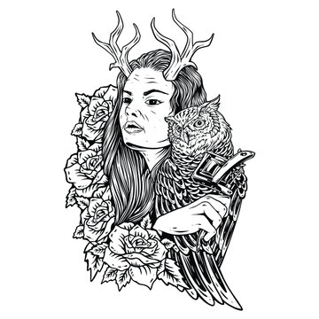 sketch design of woman holding tattoo machine with owl and rose flower