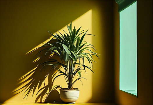 Leafy green potted palm against a yellow interior wall with stains , AI Generated