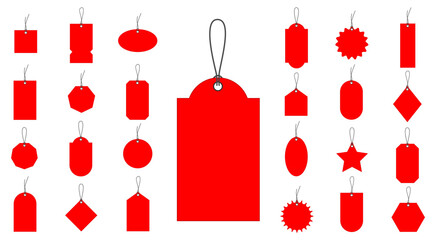 Clean white paper price tags or gift tags of various shapes. A set of labels with a cord. The best choice, order now, banners for sale. Red ribbons, tags and stickers.