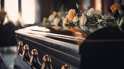 Funeral ceremony. Scene with a coffin in a church. generative AI - obrazy, fototapety, plakaty