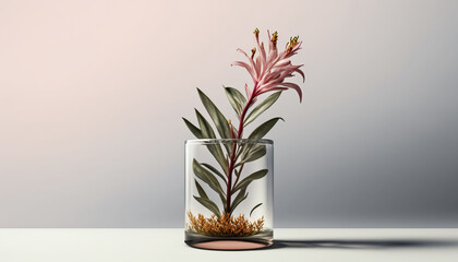 minimalist wallpaper, Kangaroo paw flower in a clear glass vase, off center composition, background, wallpaper - Generative AI