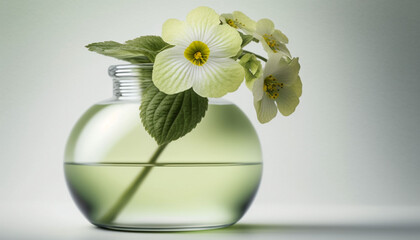 minimalist wallpaper, Primrose flower in a clear glass vase, off center composition, background, wallpaper - Generative AI