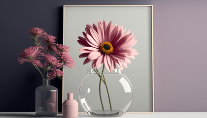 minimalist wallpaper, Osteospermum flower in a clear glass vase, off center composition, background, wallpaper - Generative AI