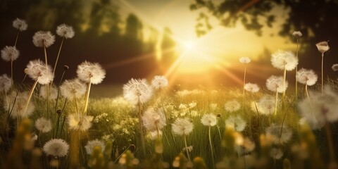 Dandelion Field With Flying Seeds At Sunset, Magic Atmosphere, Blurred Background