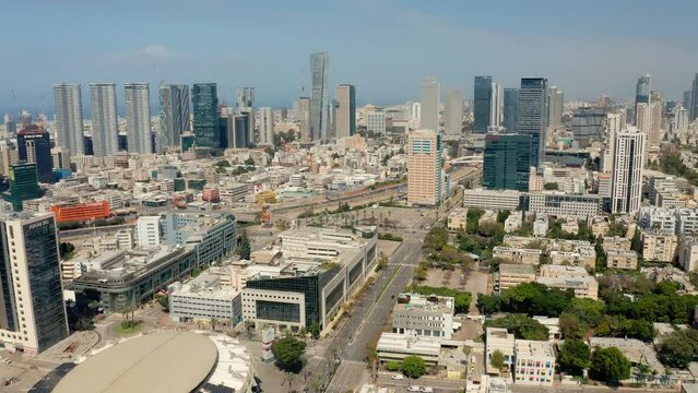 Tel Aviv skyline aerial drone view business city center 4k, Israel 