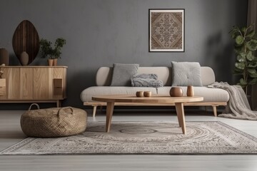 A fashionable carpet, gray sofa with a design, a wooden coffee table, a beige side table, pillows, and personal accessories make up a creative living room interior composition. Elegant interior design